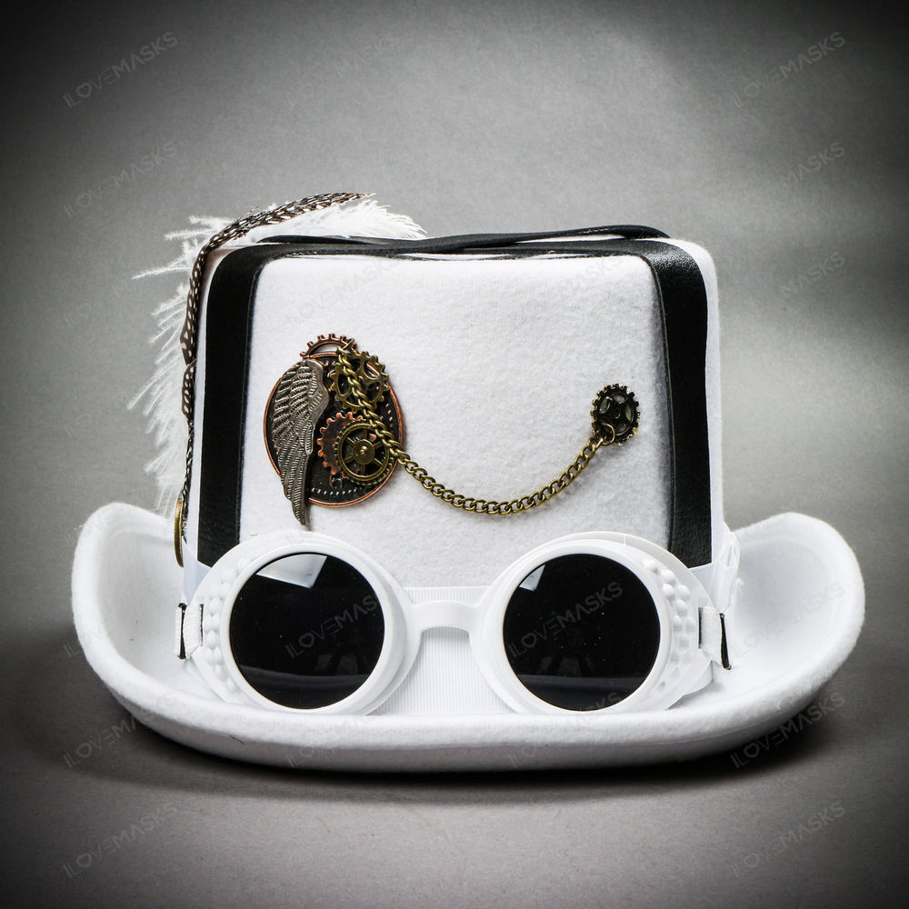 Steampunk Wing Chain Feather Top Hat - White
